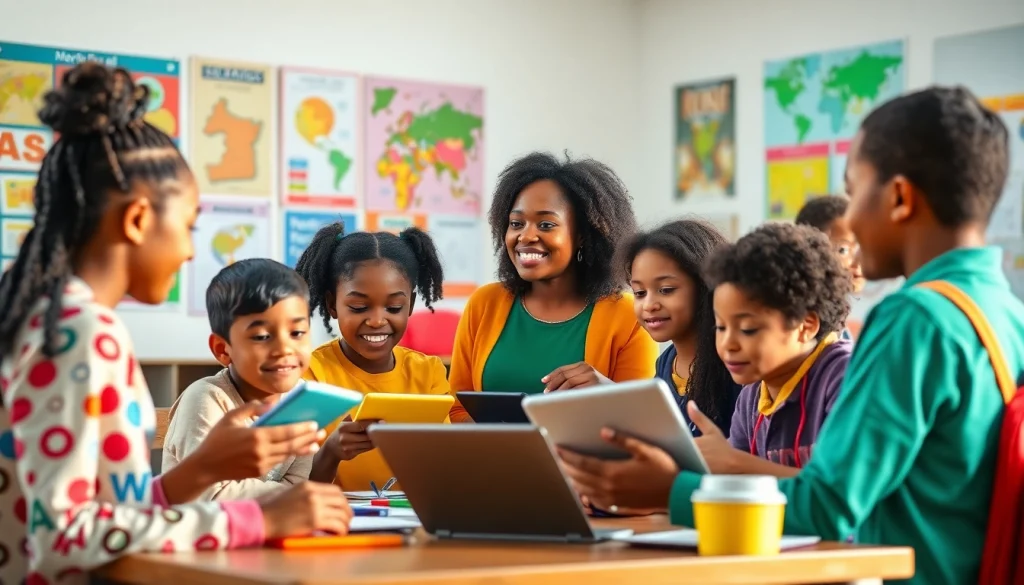 Education-focused classroom with diverse students engaged in innovative learning.