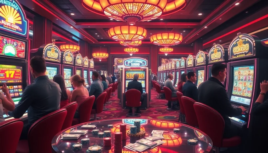 Players enjoying a thrilling moment at a slot deposit 1k machine in a vibrant casino.