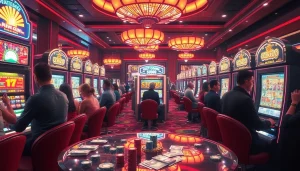 Players enjoying a thrilling moment at a slot deposit 1k machine in a vibrant casino.