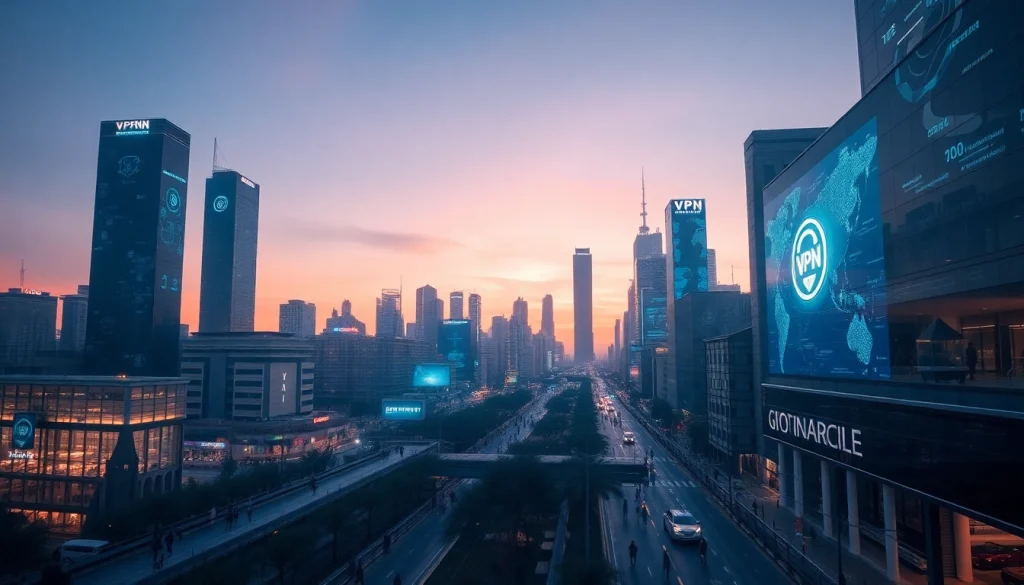 快连官网 展示全球连接与网络隐私，在充满活力的城市天际线中。