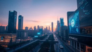 快连官网 展示全球连接与网络隐私，在充满活力的城市天际线中。