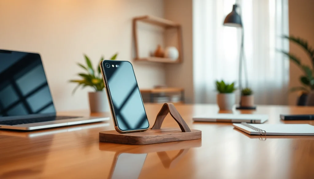 MMOO wooden karate kid cell phone holder in a modern workspace