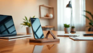 MMOO wooden karate kid cell phone holder in a modern workspace