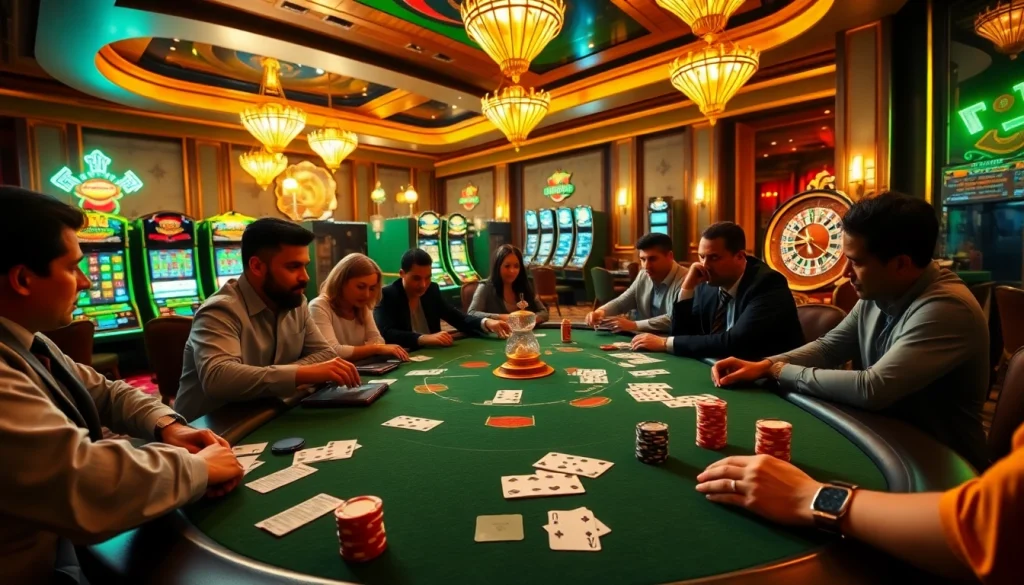 Players engage in high-stakes poker at an upscale casino table, highlighting the excitement of https://kjc.uk.com/.