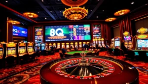 Players enjoy an exciting moment at 8qbet casino with vibrant slot machines and roulette tables.