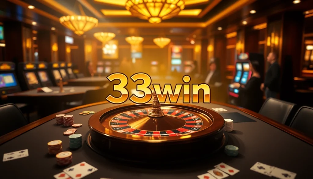33win casino scene with luxurious roulette wheel and vibrant gaming tables, capturing excitement.