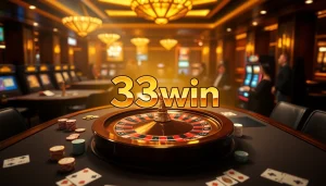 33win casino scene with luxurious roulette wheel and vibrant gaming tables, capturing excitement.