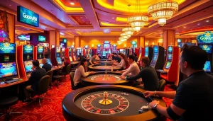 Players engaged at a Gopay88 gaming table in a luxurious casino atmosphere.