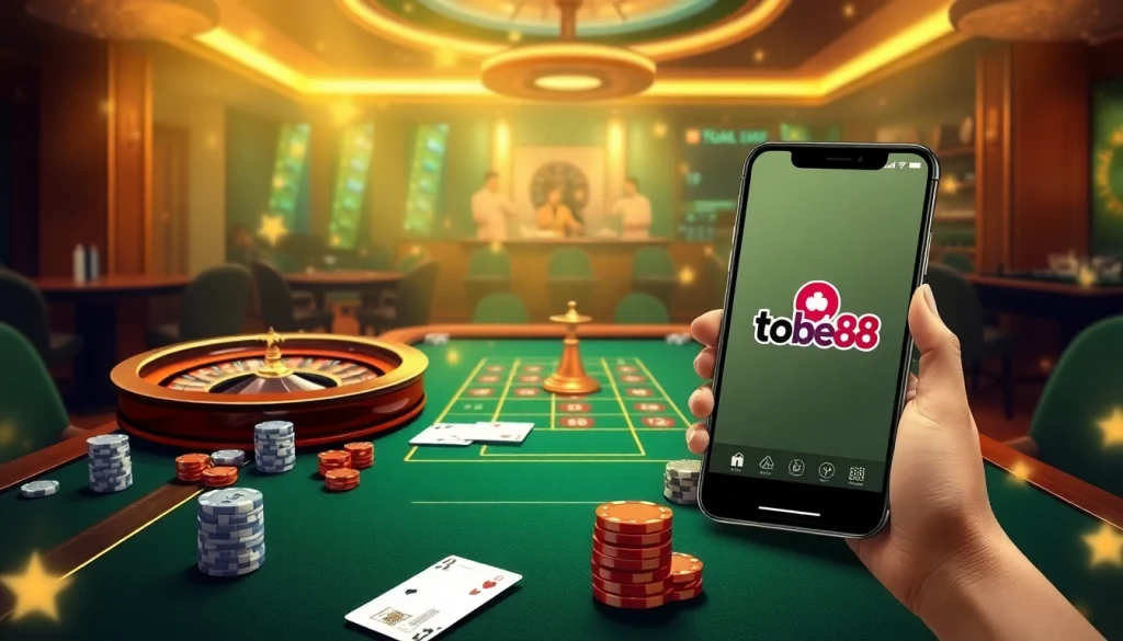 Players engaging in exciting online gambling at nhà cái tobet88 with poker, chips, and a roulette wheel.
