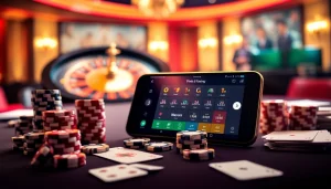 Cảnh sống động cho thấy điện thoại thông minh hiển thị ứng dụng BetVIP giữa các đồng poker và quân bài tại một casino sang trọng.