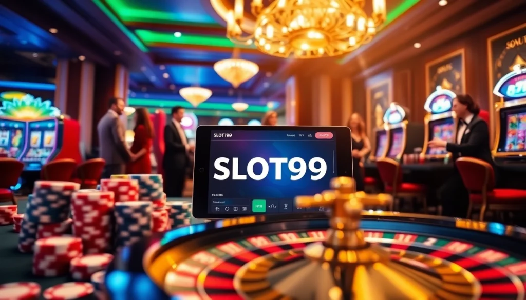 SLOT99 interface in a luxurious casino setting with poker chips and a roulette wheel.