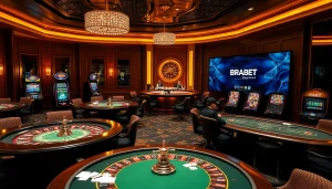 Experience the thrill of betting at BRABET with vibrant slot machines and elegant poker tables.