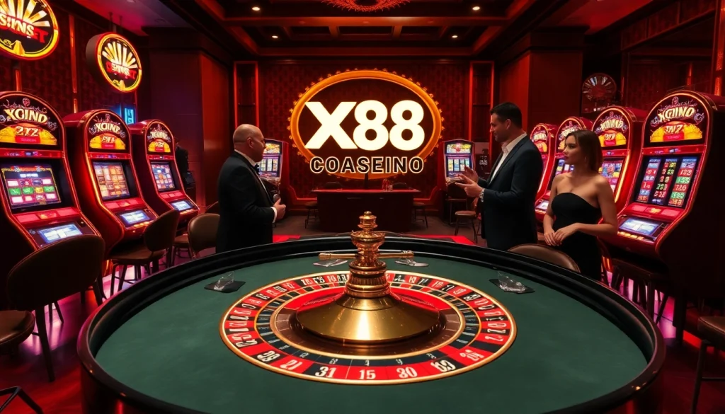 Engaging scene at a casino table showcasing XX 88, vibrant roulette wheel, and excited players.