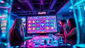 Exciting ULAT123 slot gaming scene with vibrant colors and engaging players.
