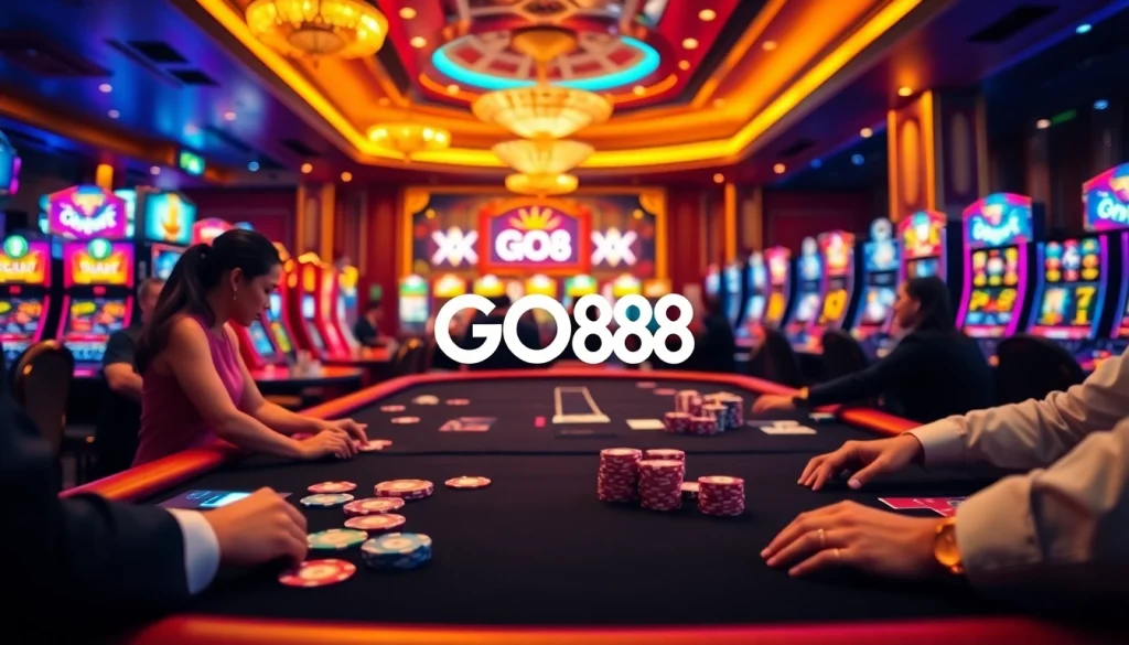 Players enjoying a thrilling casino experience at GO88 with vibrant gaming tables and slot machines.