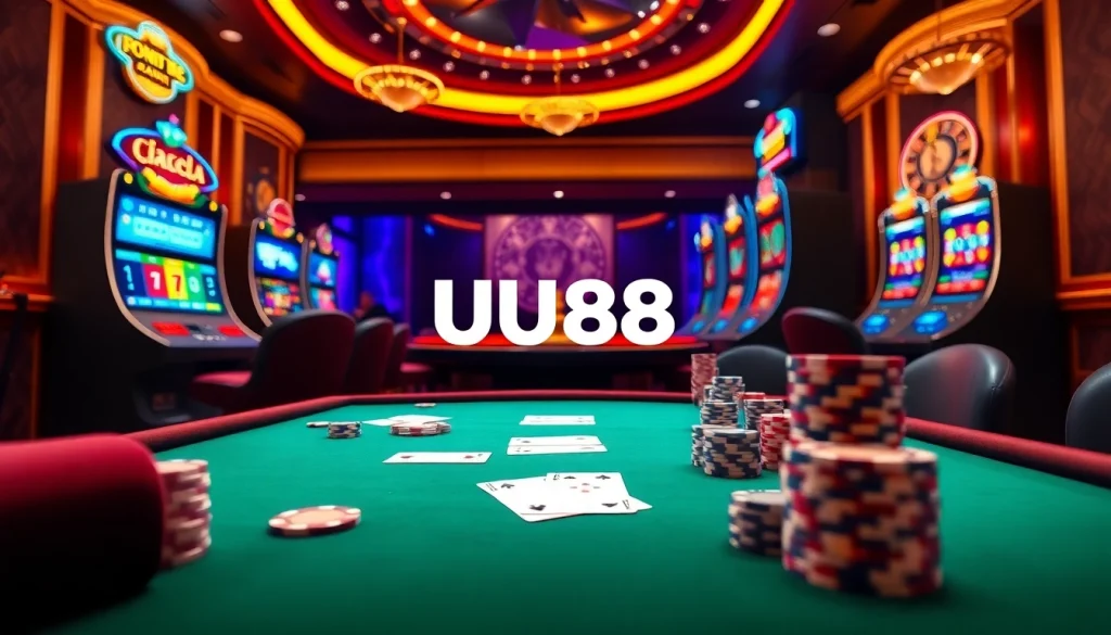 Experience the thrill of gaming on UU88 with a vibrant casino scene featuring poker chips and roulette.