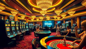 Experience the thrill of winning at 555 win casino with vibrant gambling scenes and excited players.