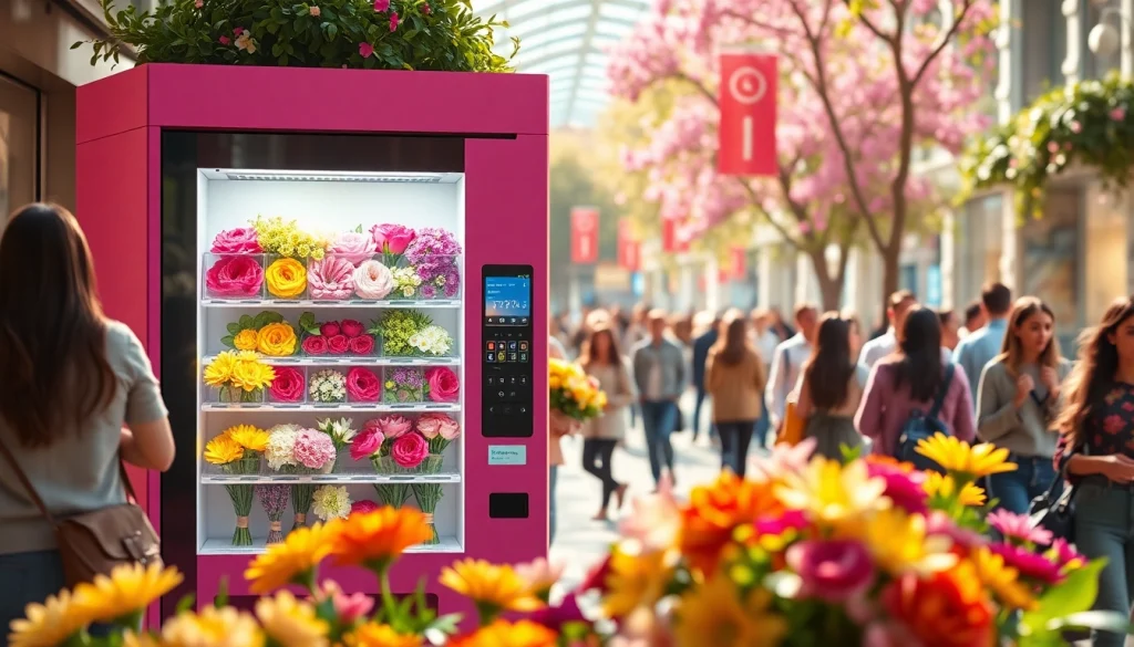 Flower vending machine showcasing colorful bouquets in a busy urban setting, emphasizing convenience and freshness.