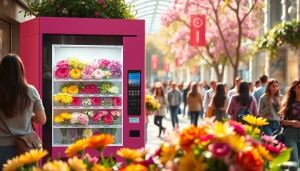 Flower vending machine showcasing colorful bouquets in a busy urban setting, emphasizing convenience and freshness.