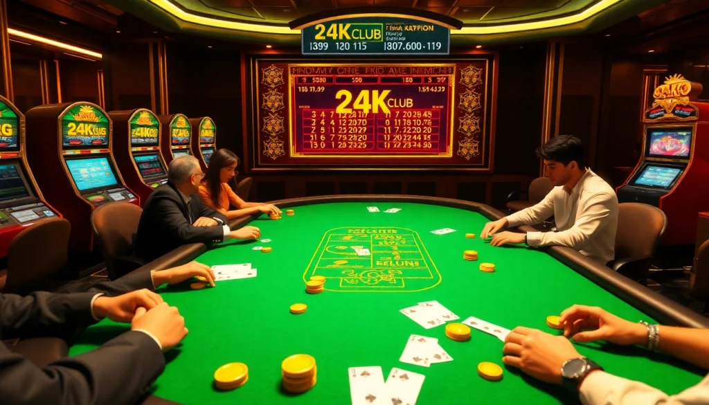 Người chơi 24kclub thưởng thức poker cược cao tại bàn casino sang trọng với chip vàng và máy đánh bạc sáng đèn.