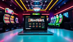 Mostbet demo interfeysini göstərən müasir oyun otağında laptop görüntüsü.