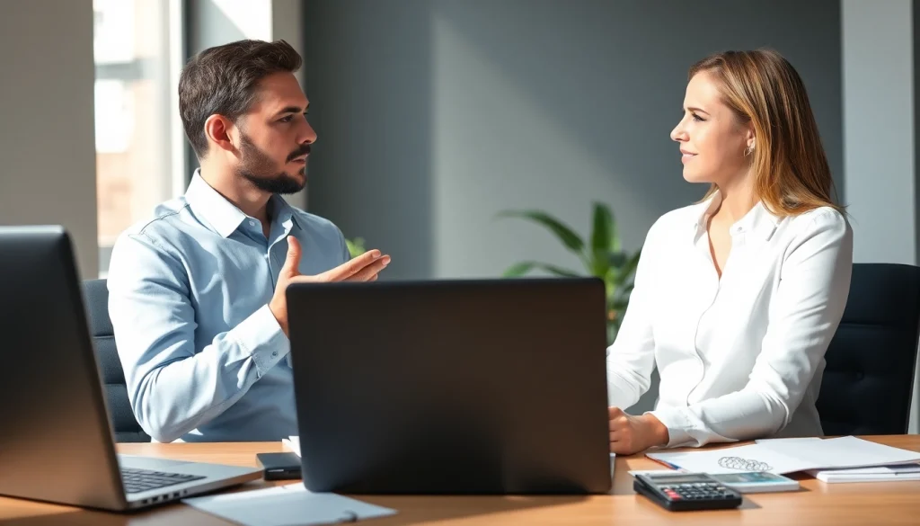 Mendiskusikan deposit 1k dengan penasihat keuangan dalam suasana profesional di kantor.