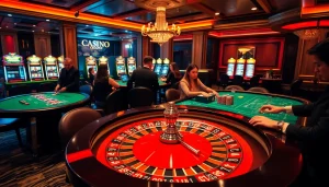 Zonafilm-themed gambling scene with poker tables and roulette wheel in a luxury casino setting.