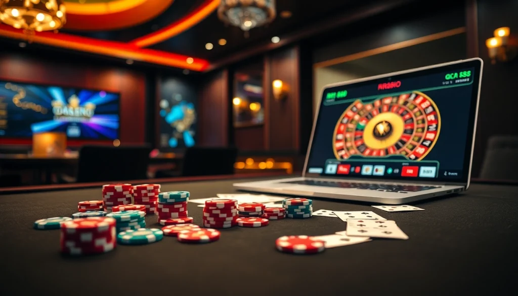 Experience the excitement at RR88 with vibrant casino visuals, poker chips, and online gambling interfaces.