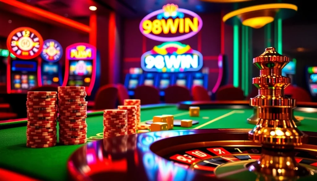 Experience high-stakes gambling with 98WIN's luxurious casino atmosphere filled with cards, chips, and excitement.