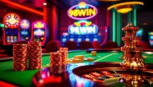 Experience high-stakes gambling with 98WIN's luxurious casino atmosphere filled with cards, chips, and excitement.