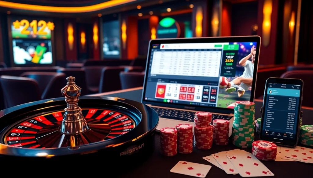 Experience สมัครแทงบอล with online sports betting on a sleek laptop, accompanied by poker chips and cards.