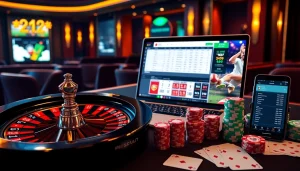 Experience สมัครแทงบอล with online sports betting on a sleek laptop, accompanied by poker chips and cards.