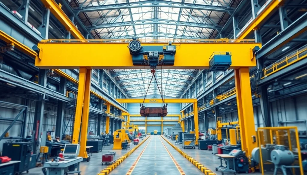Bridge crane lifting a heavy load in a bustling factory environment, showcasing industrial efficiency.