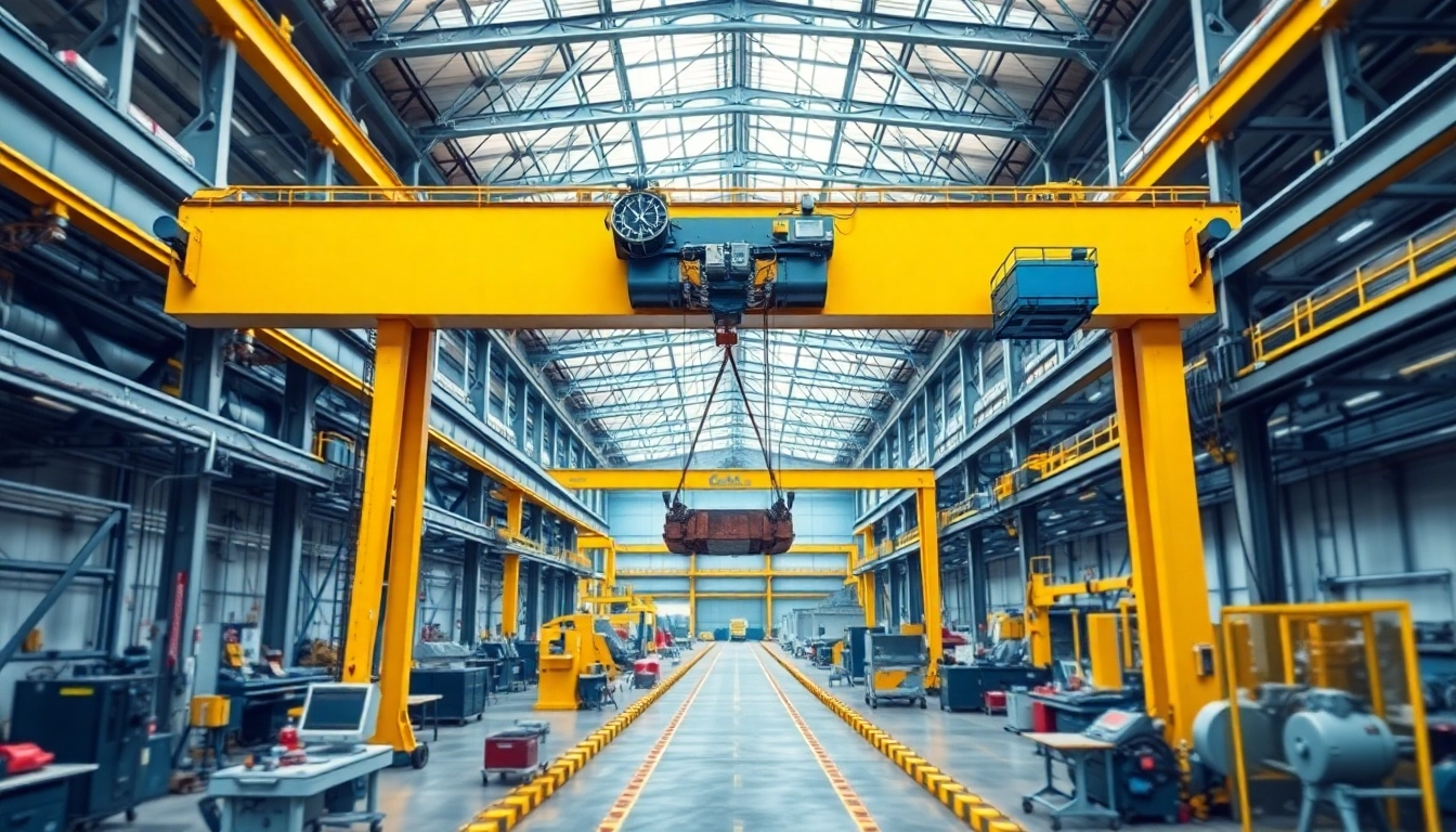 Bridge crane lifting a heavy load in a bustling factory environment, showcasing industrial efficiency.