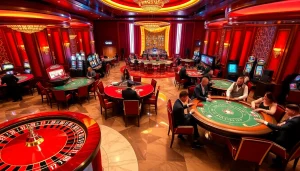 Experience high-stakes gaming at GK88, featuring poker tables and roulette wheels.