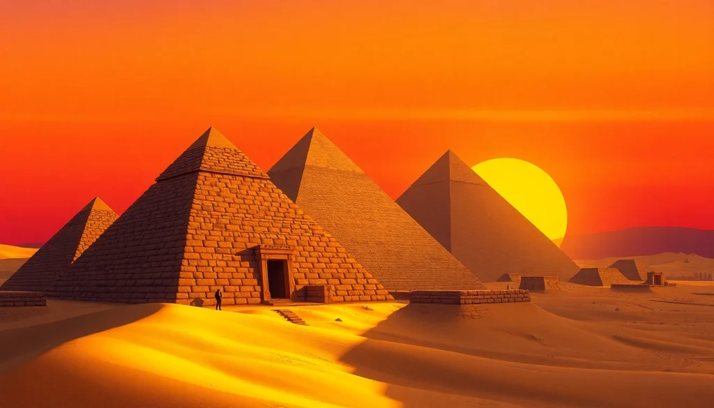 Visitors exploring the majestic piraminds against a breathtaking sunset backdrop.