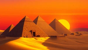 Visitors exploring the majestic piraminds against a breathtaking sunset backdrop.