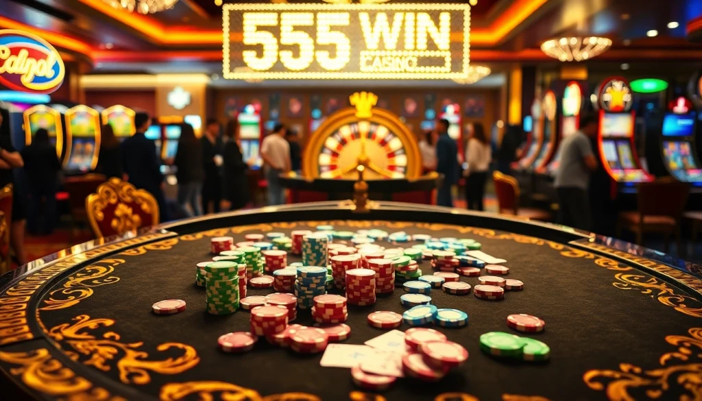 Experience the thrill of a 555 win at a vibrant casino table filled with poker chips and cards.
