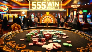 Experience the thrill of a 555 win at a vibrant casino table filled with poker chips and cards.