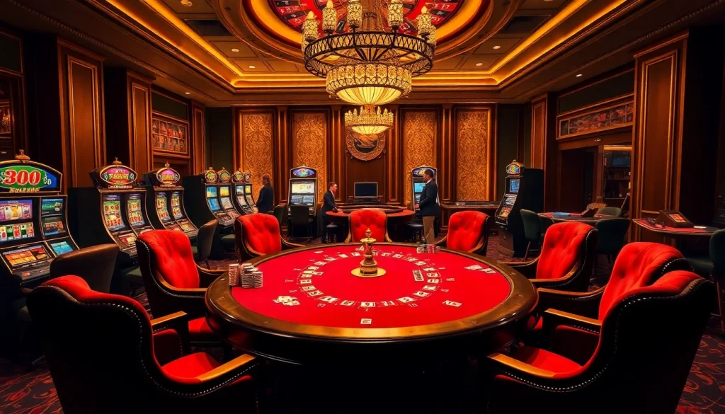 Exciting poker game scene at thabet casino with luxurious ambiance and vibrant slot machines.