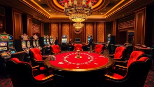 Exciting poker game scene at thabet casino with luxurious ambiance and vibrant slot machines.