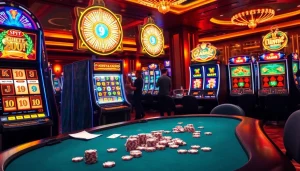 Aksi permainan slot 200 taruhan yang mendebarkan di kasino mewah dengan mesin-mesin berwarna-warni dan para pemain yang bersorak-sorai.