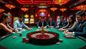 A lively casino scene highlighting intense gameplay at https://789pp.nl/ with poker chips, a roulette wheel, and engaged players.
