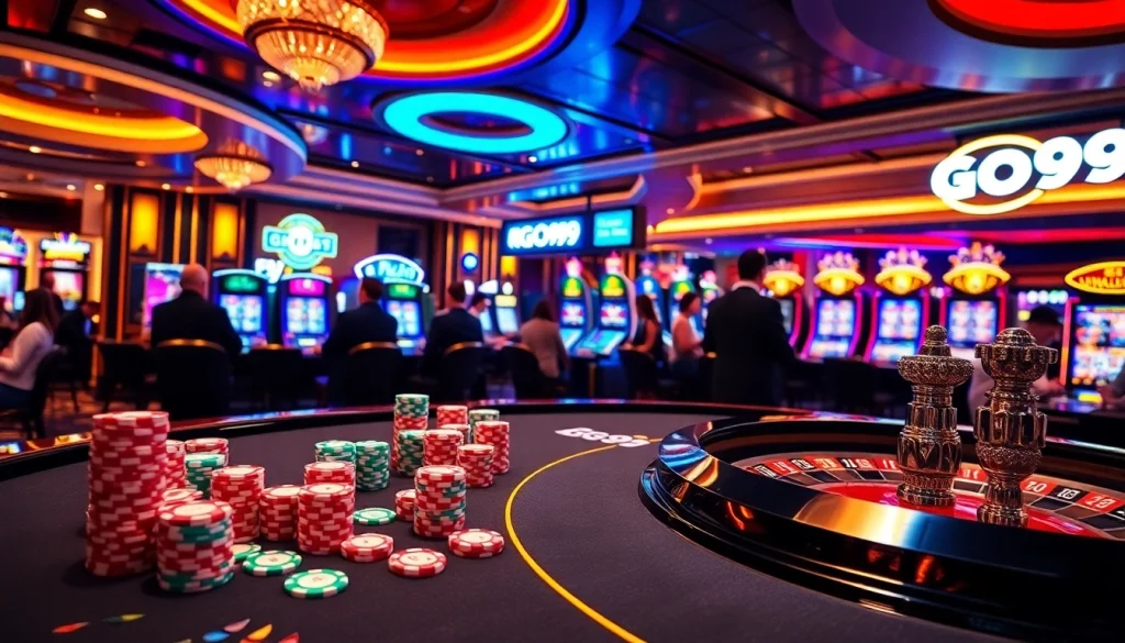 Scene at a luxurious casino featuring GO99 branding amid vibrant gaming activities.