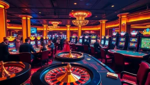 A dynamic casino scene showcasing excitement at luck8 poker tables with vibrant gaming elements.