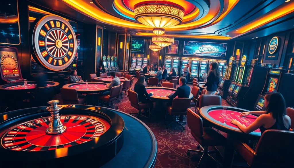 Players enjoy thrilling games at https://gg88.co.com/, showcasing casino excitement with poker tables and slot machines.