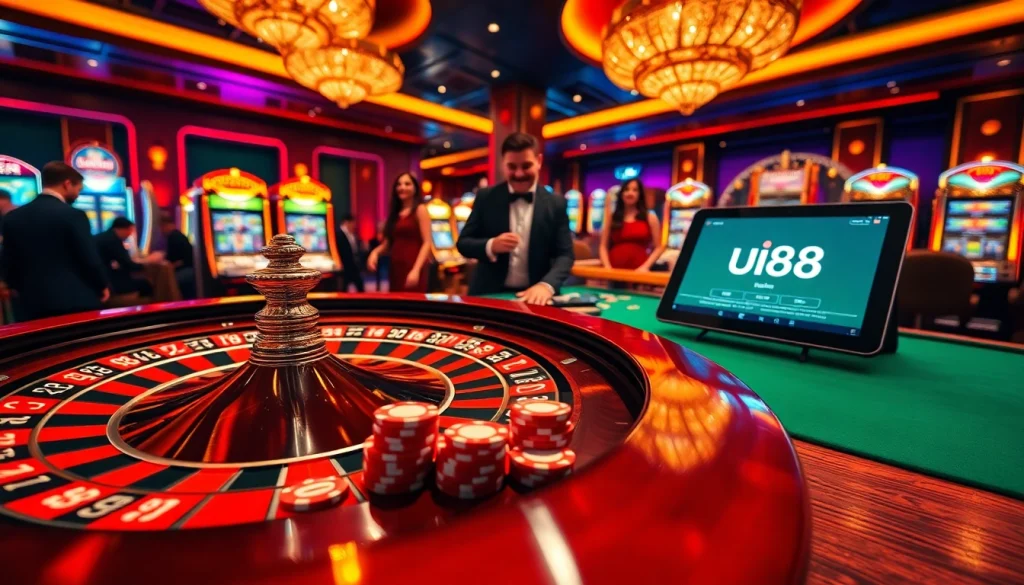 Gamblers enjoying an exciting moment at uu88 casino with roulette wheel and poker chips.