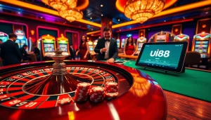Gamblers enjoying an exciting moment at uu88 casino with roulette wheel and poker chips.