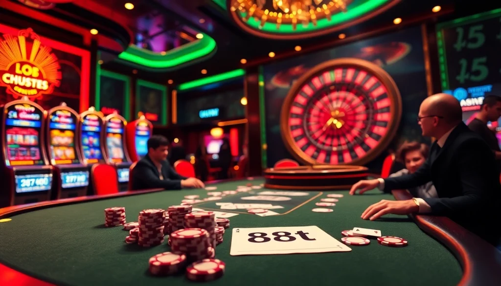 Engage with thrilling 88t casino action at a vibrant poker table surrounded by excitement.