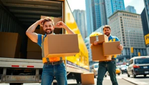 Interstate overs showcased by professional movers efficiently loading a truck in a bustling city.